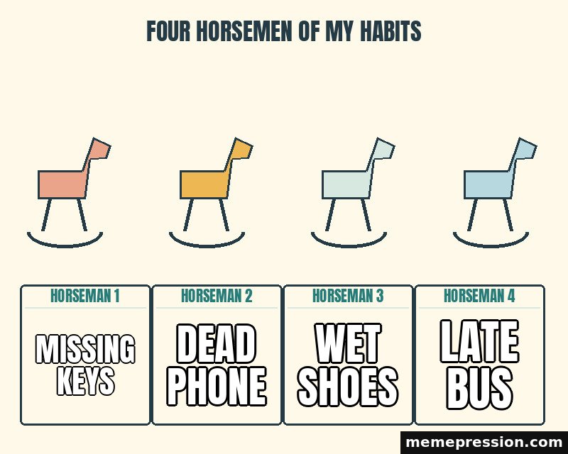 Four Horsemen of My Habits meme: Missing keys / Dead phone / Wet shoes / Late bus