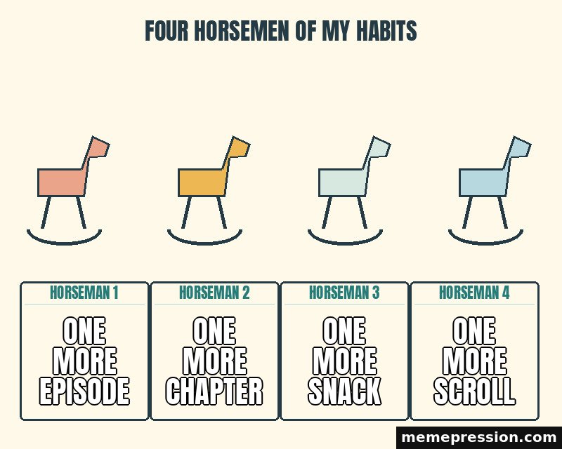 Four Horsemen of My Habits meme: One more episode / One more chapter / One more snack / One more scroll
