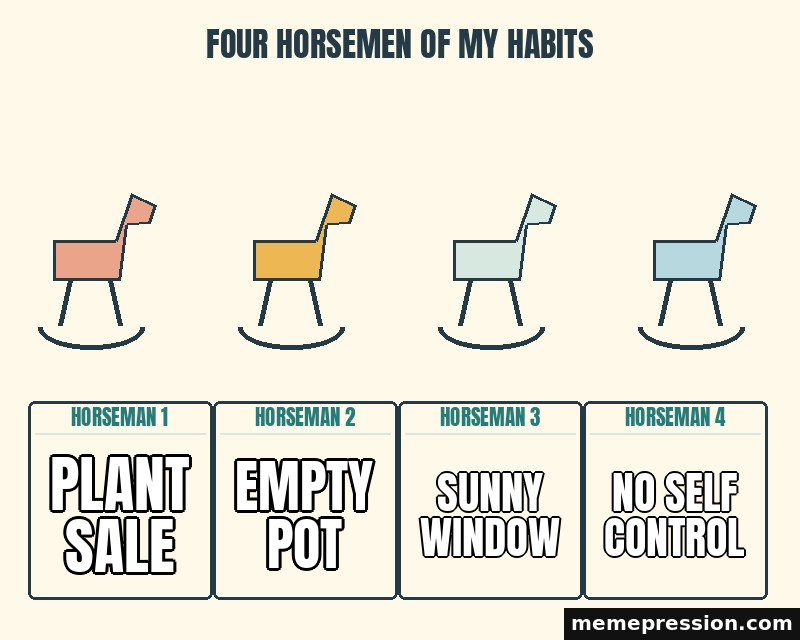 Four Horsemen of My Habits meme: Plant sale / Empty pot / Sunny window / No self control