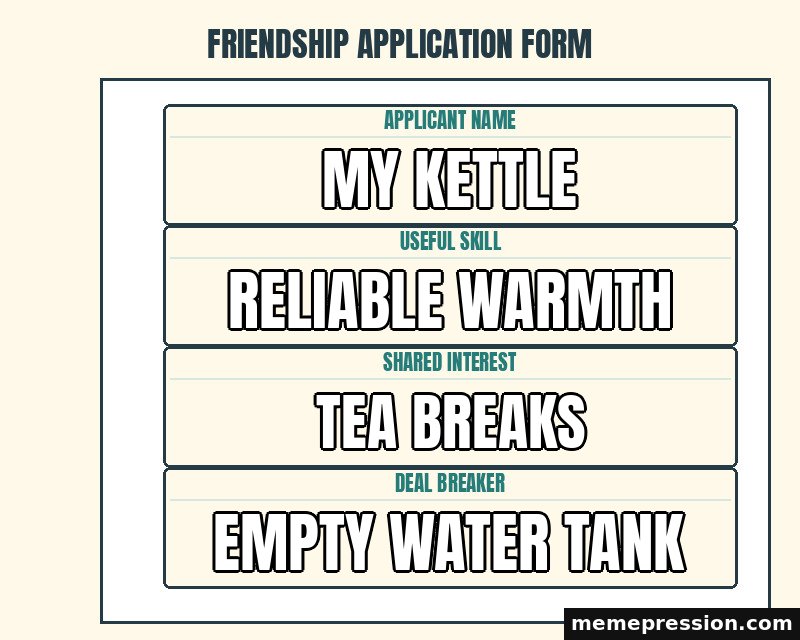 Friendship Application Form meme: My kettle / Reliable warmth / Tea breaks / Empty water tank