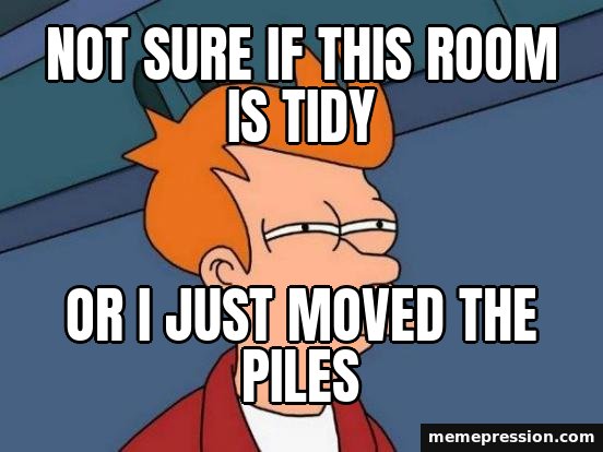 Futurama Fry meme: Not sure if this room is tidy / Or I just moved the piles