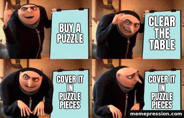 Gru's Plan meme: Buy a puzzle / Clear the table / Cover it in puzzle pieces / Cover it in puzzle pieces