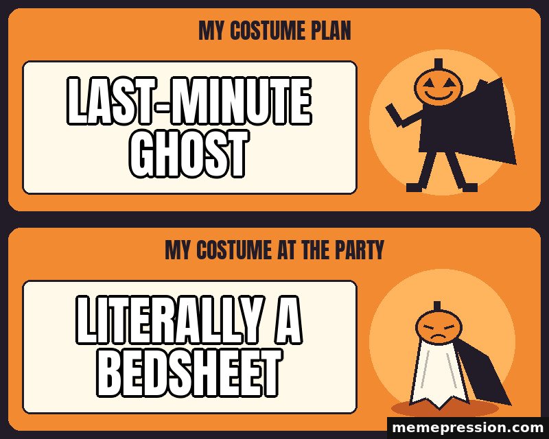 Halloween Costume Expectation vs Reality meme: Last-minute ghost / Literally a bedsheet