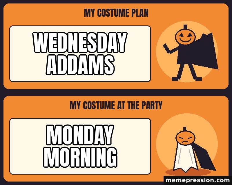 Halloween Costume Expectation vs Reality meme: Wednesday Addams / Monday morning