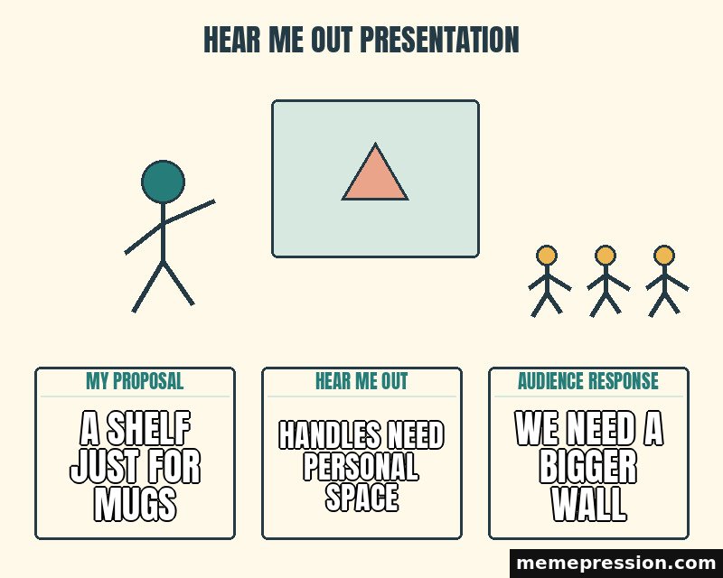 Hear Me Out Presentation meme: A shelf just for mugs / Handles need personal space / We need a bigger wall