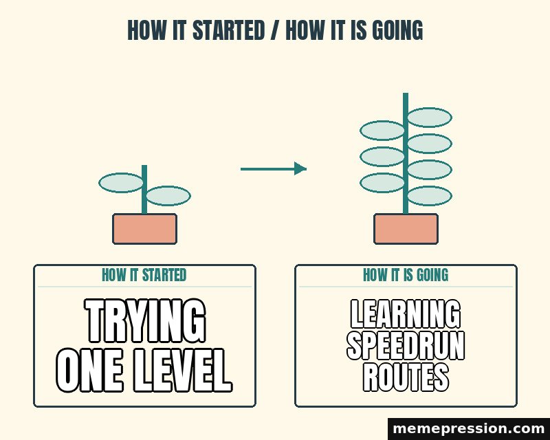 How It Started / How It Is Going meme: Trying one level / Learning speedrun routes