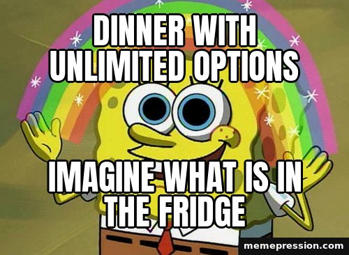 Imagination SpongeBob meme: Dinner with unlimited options / Imagine what is in the fridge