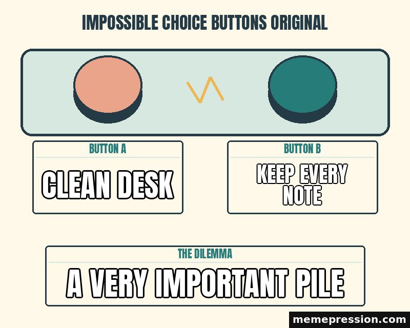Impossible Choice Buttons Original meme: Clean desk / Keep every note / A very important pile