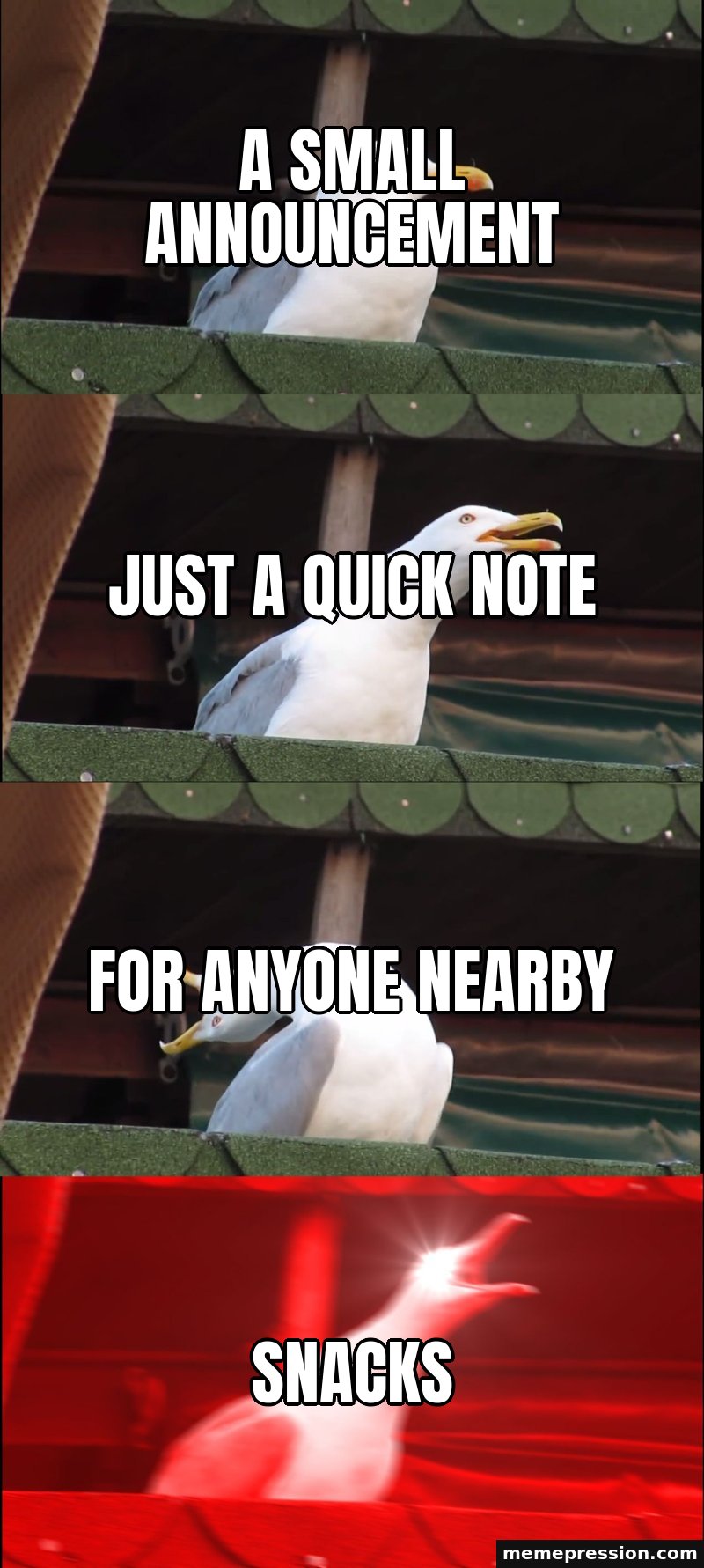 Inhaling Seagull meme: A small announcement / Just a quick note / For anyone nearby / SNACKS