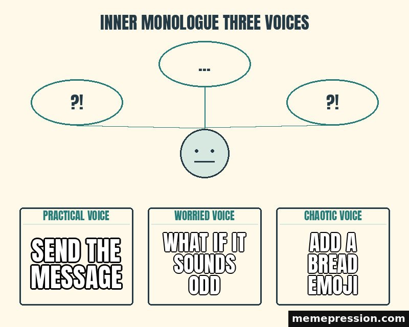 Inner Monologue Three Voices meme: Send the message / What if it sounds odd / Add a bread emoji