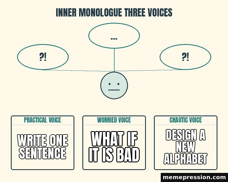 Inner Monologue Three Voices meme: Write one sentence / What if it is bad / Design a new alphabet