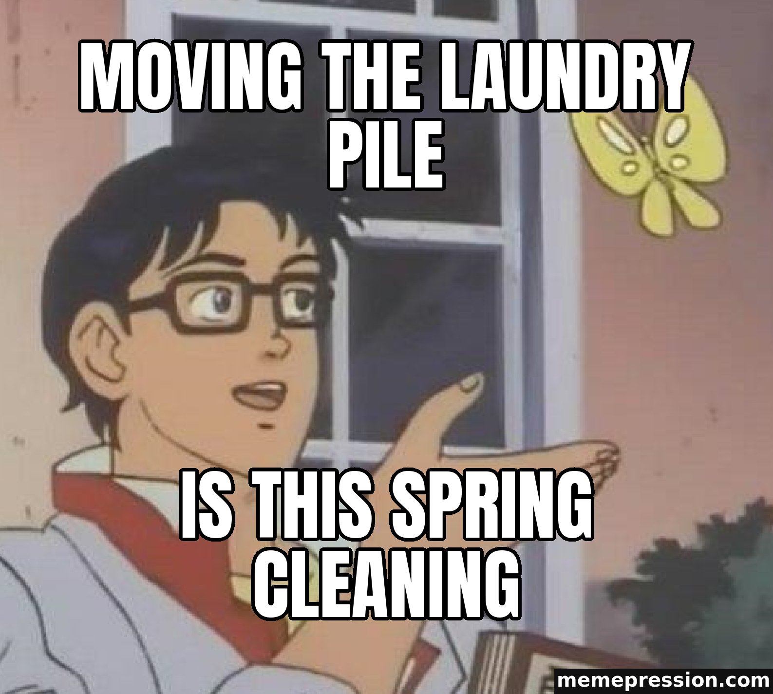 Is This a Pigeon meme: Moving the laundry pile / Is this spring cleaning