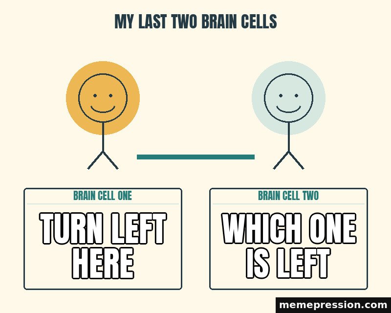 My Last Two Brain Cells meme: Turn left here / Which one is left