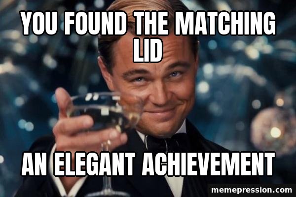 Leonardo DiCaprio Cheers meme: You found the matching lid / An elegant achievement