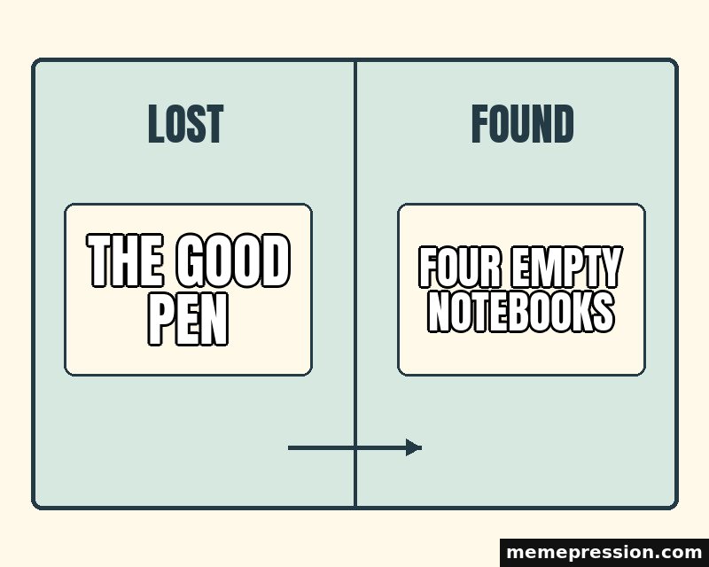 Lost and Found Board meme: The good pen / Four empty notebooks