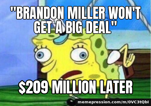 Hornets and Brandon Miller agree to a five-year, $209M extension — Mocking SpongeBob meme: "Brandon Miller won't get a big deal" / $209 mIlLiOn LaTeR