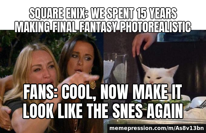 Final Fantasy Resonance launches as the first HD-2D Final Fantasy — Woman Yelling at a Cat meme: Square Enix: we spent 15 years making Final Fantasy photorealistic / Fans: cool, now make it look like the SNES again