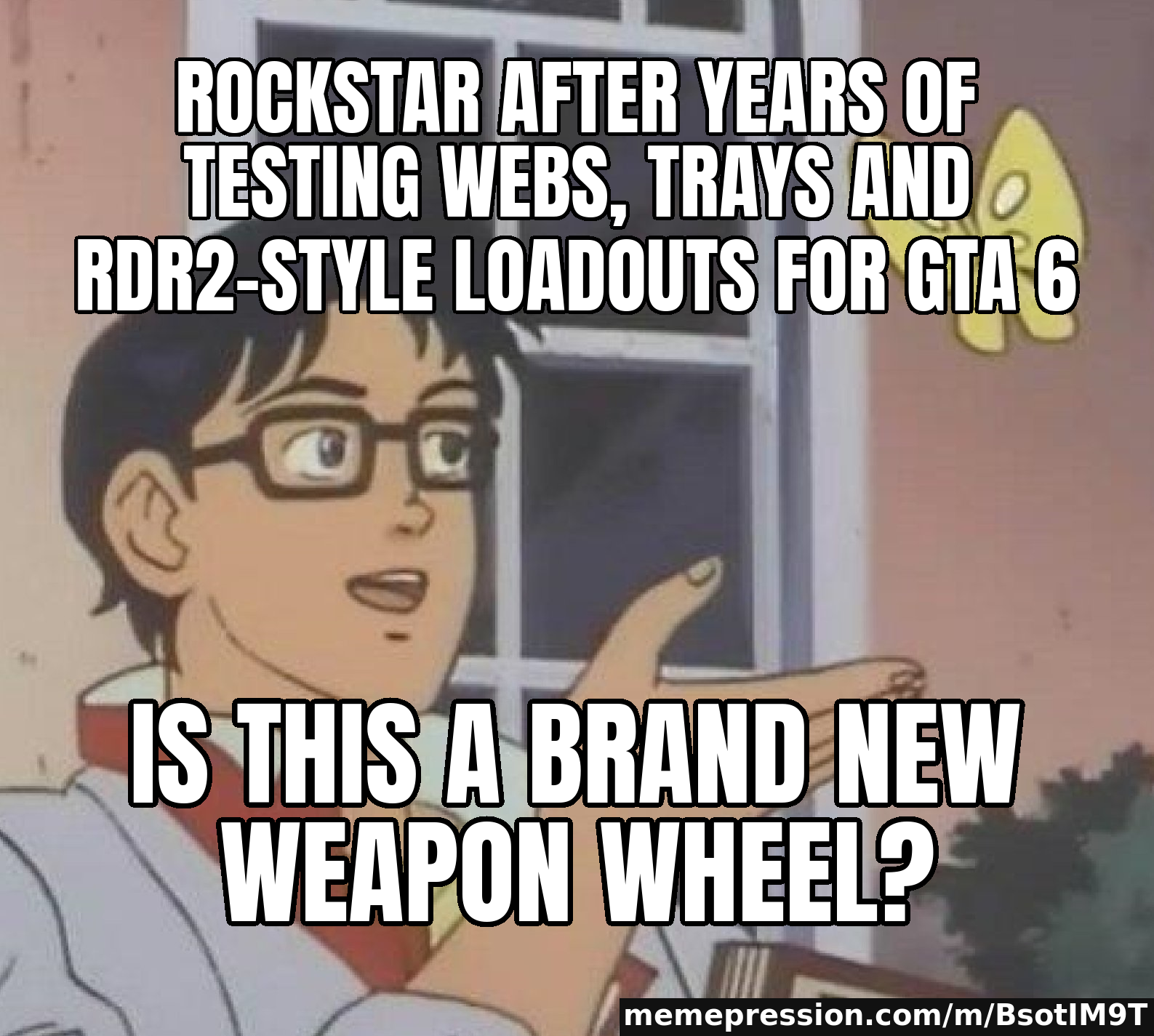 Rockstar spent years trying to replace GTA 6's weapon wheel, then went back to the weapon wheel — Is This a Pigeon meme: Rockstar after years of testing webs, trays and RDR2-style loadouts for GTA 6 / Is this a brand new weapon wheel?