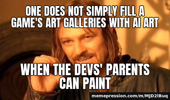 Control Resonant art galleries show real paintings by Remedy staff and their parents — One Does Not Simply meme: One does not simply fill a game's art galleries with AI art / when the devs' parents can paint
