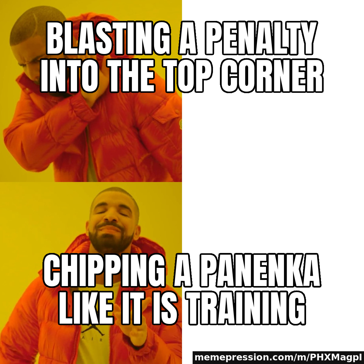 Blasting a penalty into the top corner / Chipping a Panenka like it is training