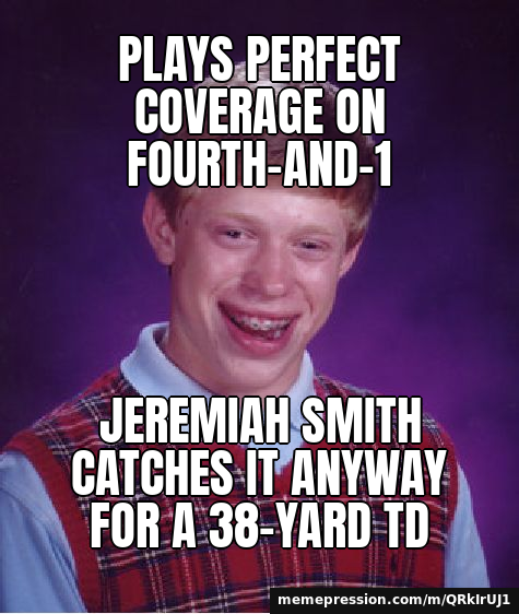 Plays perfect coverage on fourth-and-1 / Jeremiah Smith catches it anyway for a 38-yard TD