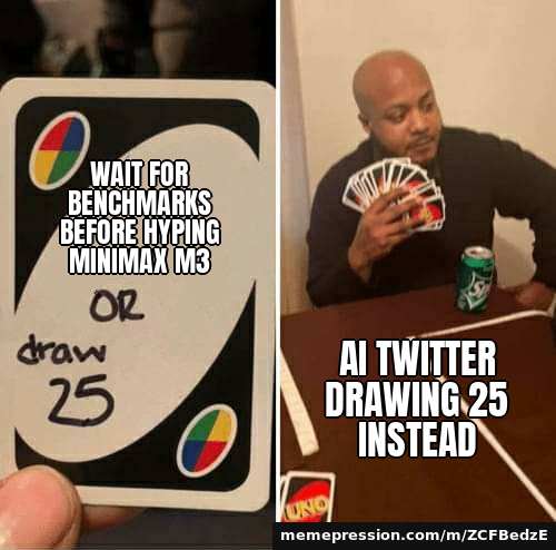 Wait for benchmarks before hyping MiniMax M3 / AI Twitter drawing 25 instead