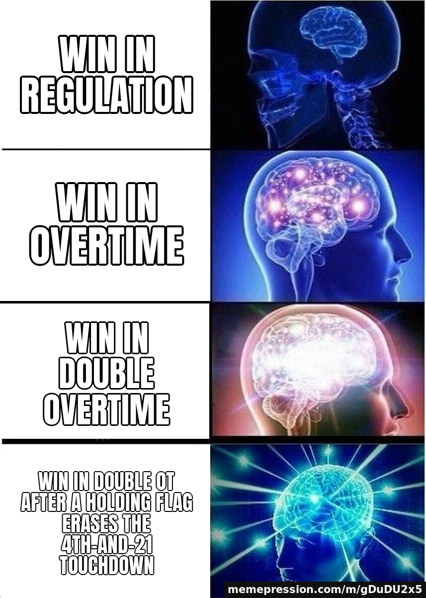 Win in regulation / Win in overtime / Win in double overtime / Win in double OT after a holding flag erases the 4th-and-21 touchdown