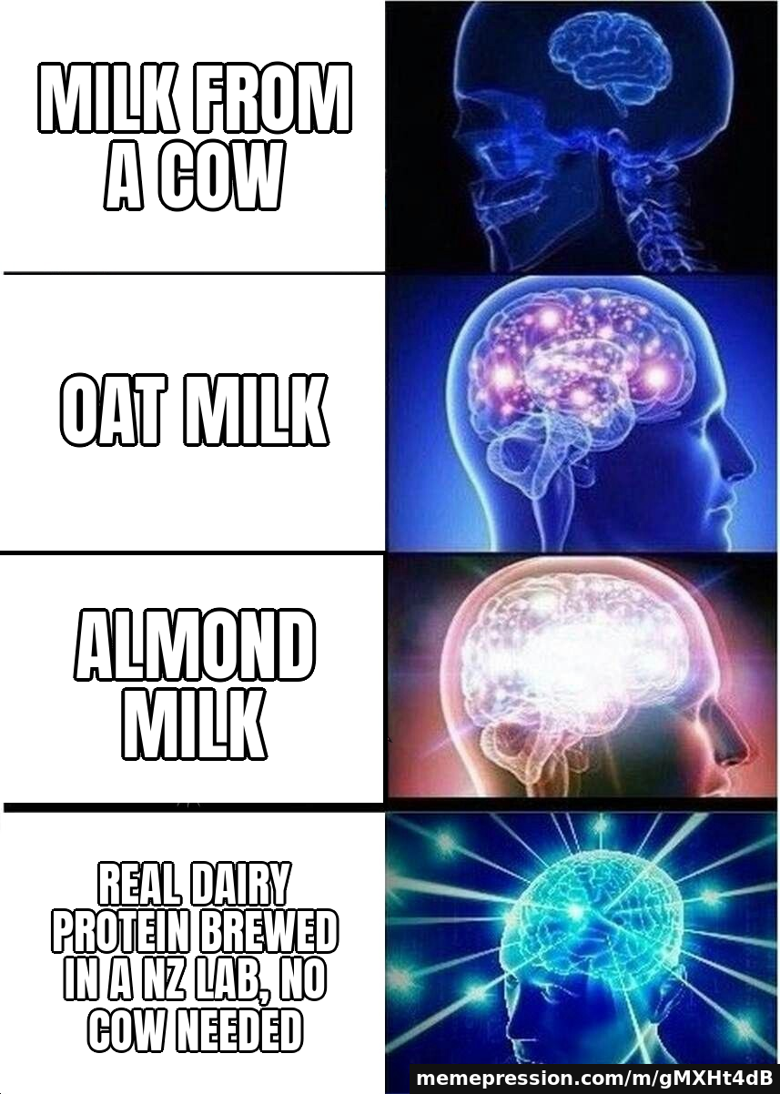 Milk from a cow / Oat milk / Almond milk / Real dairy protein brewed in a NZ lab, no cow needed