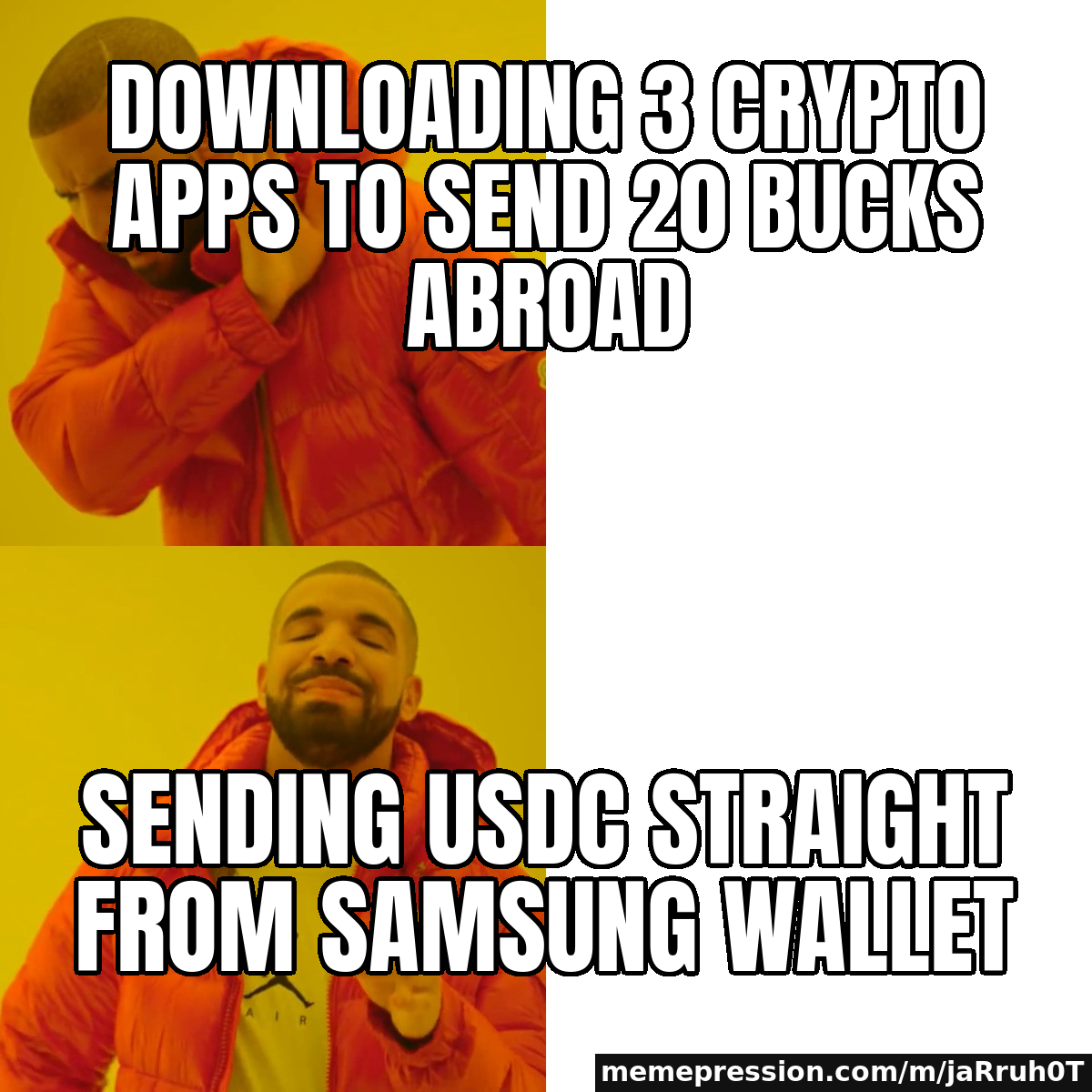 Downloading 3 crypto apps to send 20 bucks abroad / Sending USDC straight from Samsung Wallet