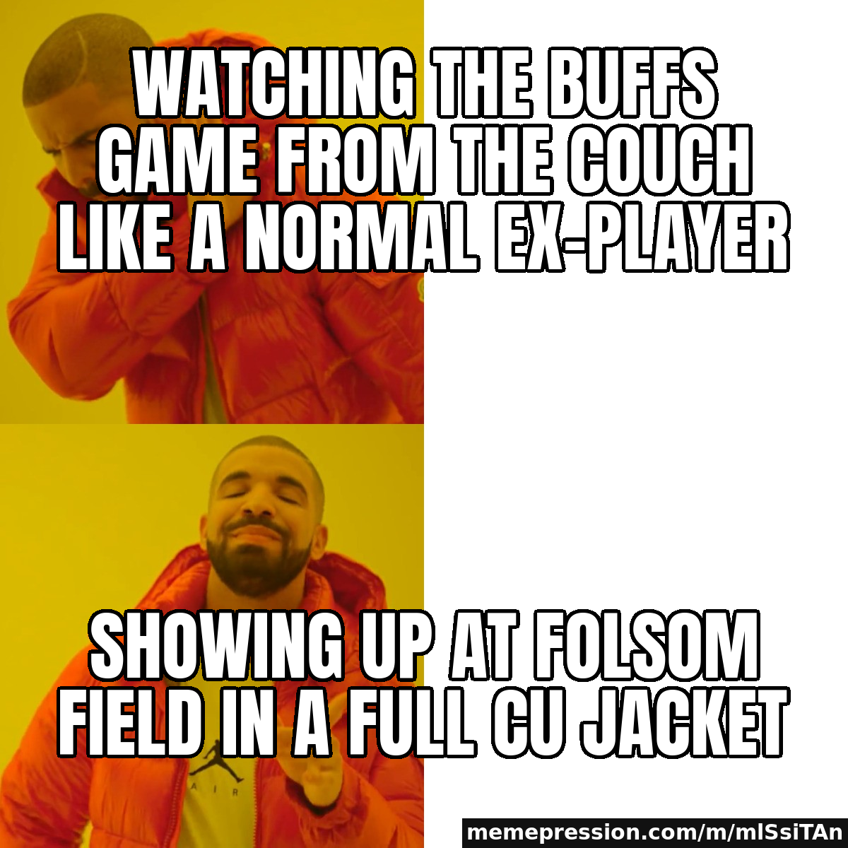 Watching the Buffs game from the couch like a normal ex-player / Showing up at Folsom Field in a full CU jacket