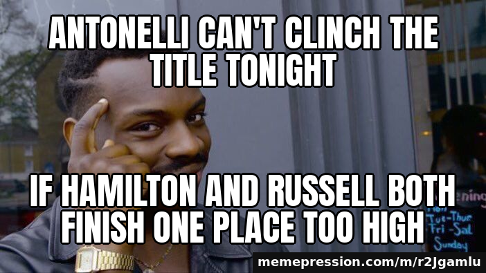 Antonelli wins the US Grand Prix but the title party waits: Hamilton 4th and Russell 8th keep the ch — Roll Safe meme: Antonelli can't clinch the title tonight / if Hamilton and Russell both finish one place too high