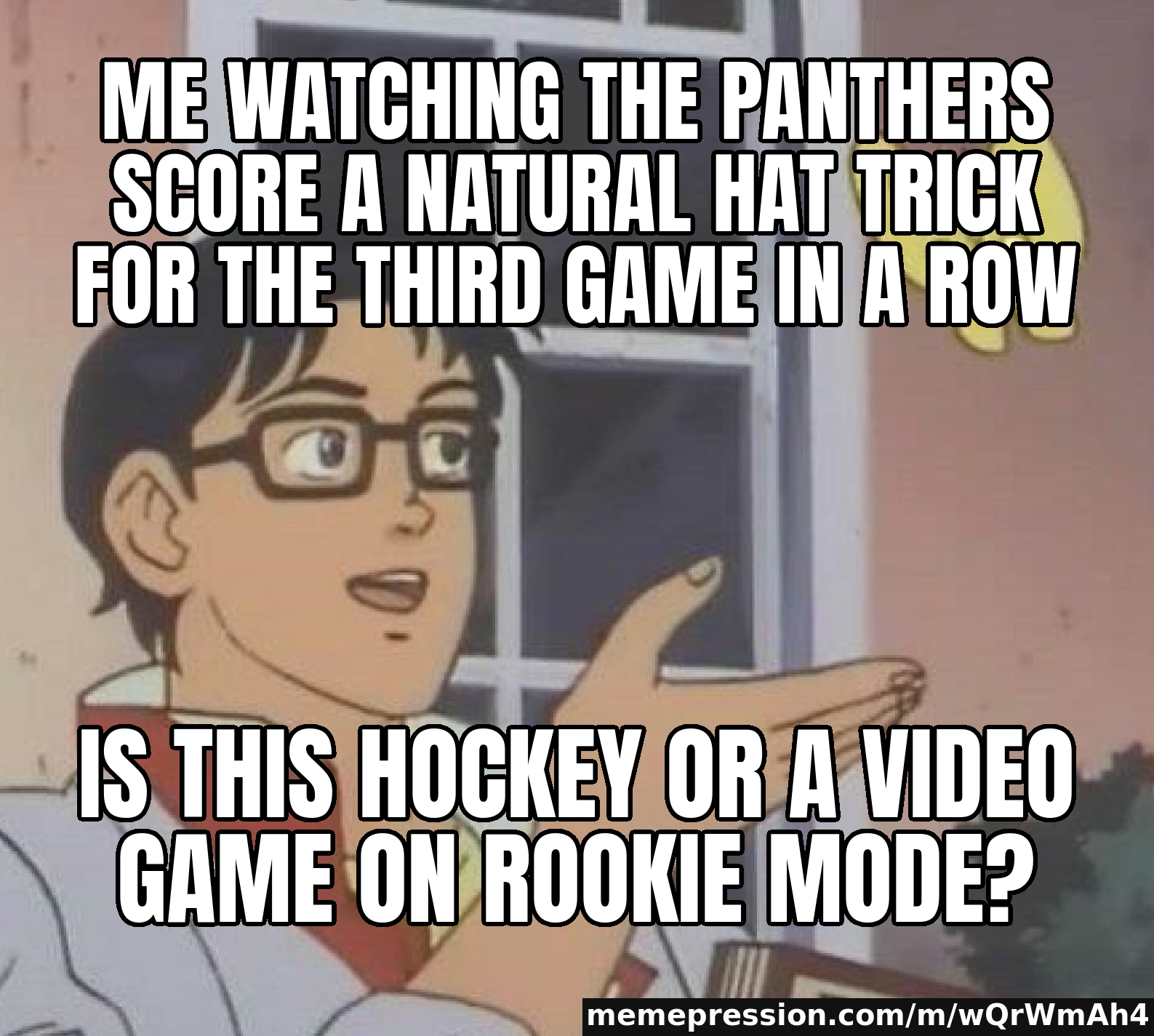 Me watching the Panthers score a natural hat trick for the third game in a row / Is this hockey or a video game on rookie mode?
