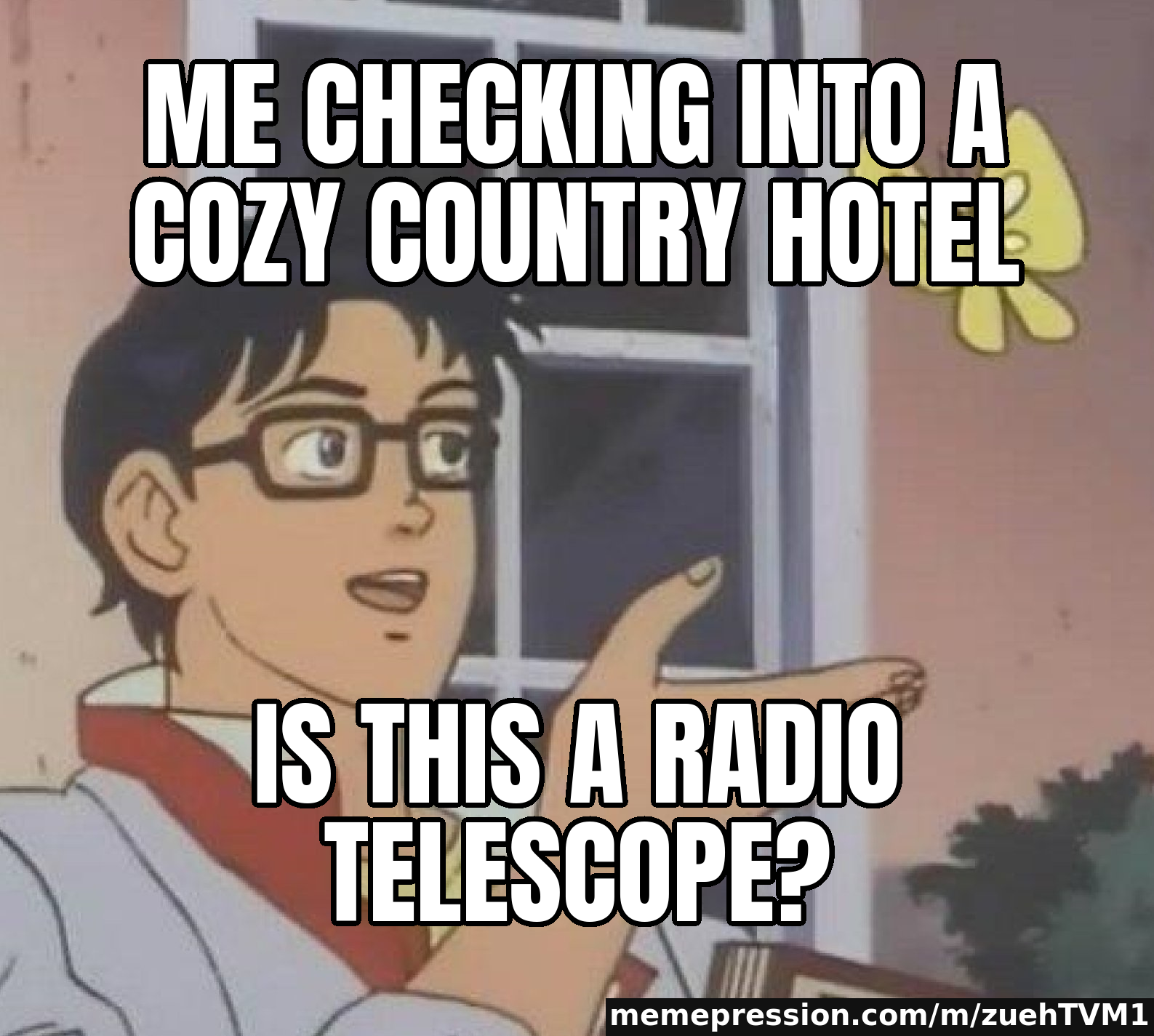 Me checking into a cozy country hotel / Is this a radio telescope?