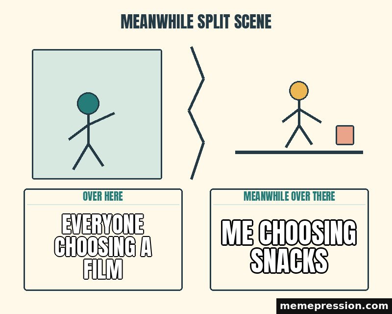 Meanwhile Split Scene meme: Everyone choosing a film / Me choosing snacks