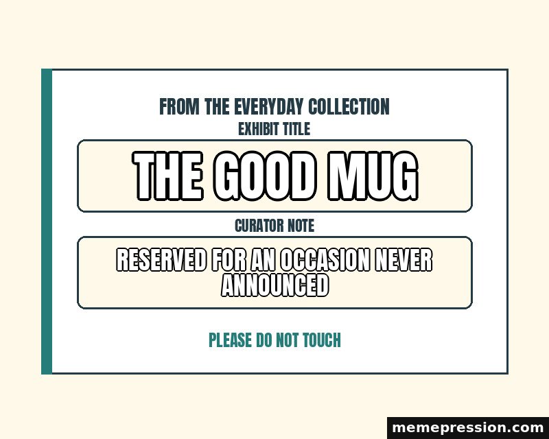 Everyday Museum Label meme: The good mug / Reserved for an occasion never announced