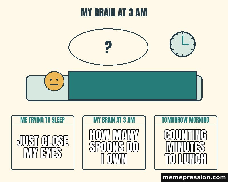 My Brain at 3 AM meme: Just close my eyes / How many spoons do I own / Counting minutes to lunch