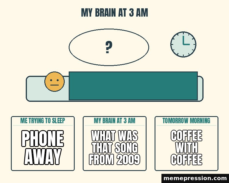 My Brain at 3 AM meme: Phone away / What was that song from 2009 / Coffee with coffee