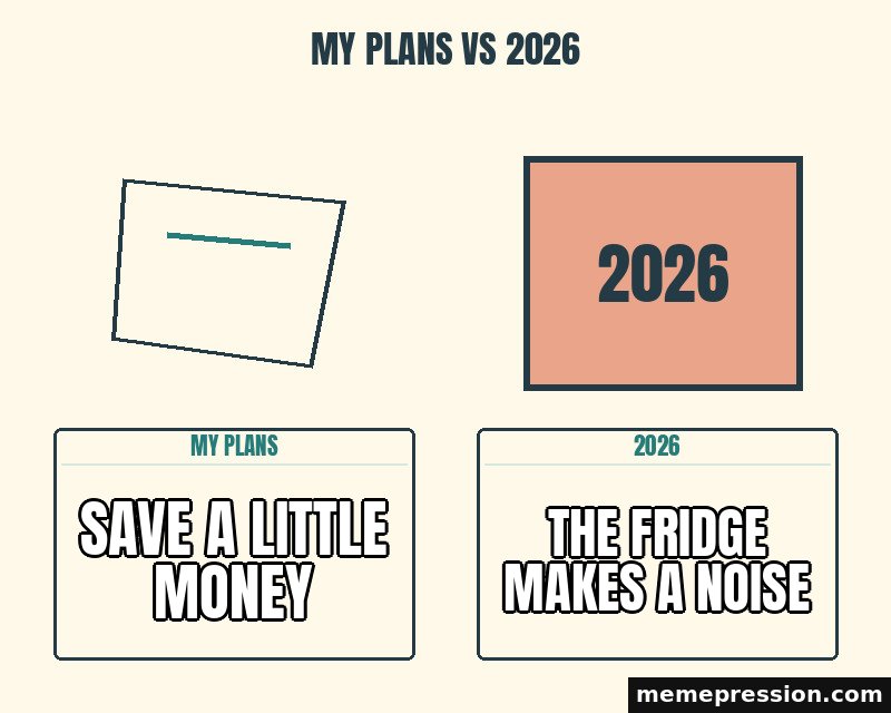 My Plans vs 2026 meme: Save a little money / The fridge makes a noise