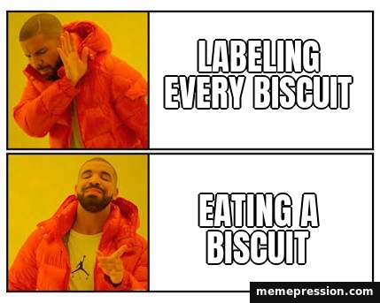 No / Yes meme: Labeling every biscuit / Eating a biscuit