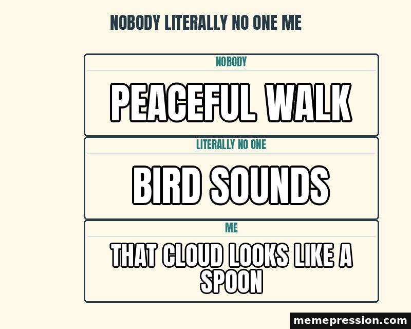 Nobody Literally No One Me meme: Peaceful walk / Bird sounds / That cloud looks like a spoon