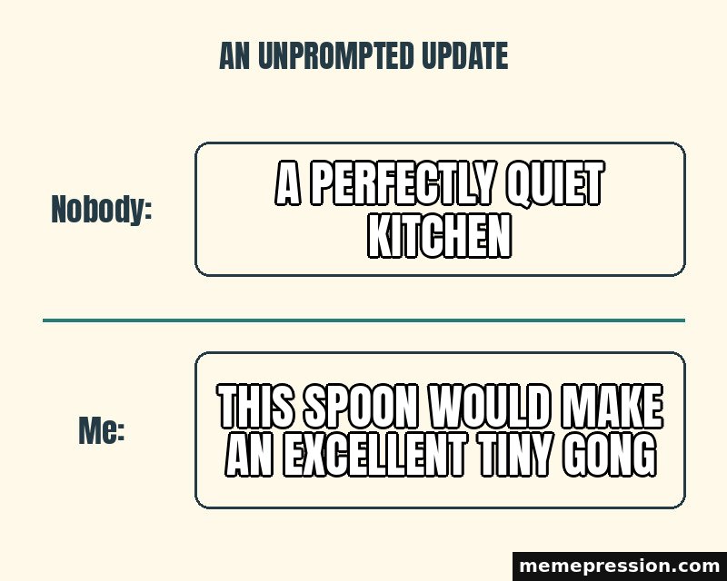 Nobody / Me meme: A perfectly quiet kitchen / This spoon would make an excellent tiny gong