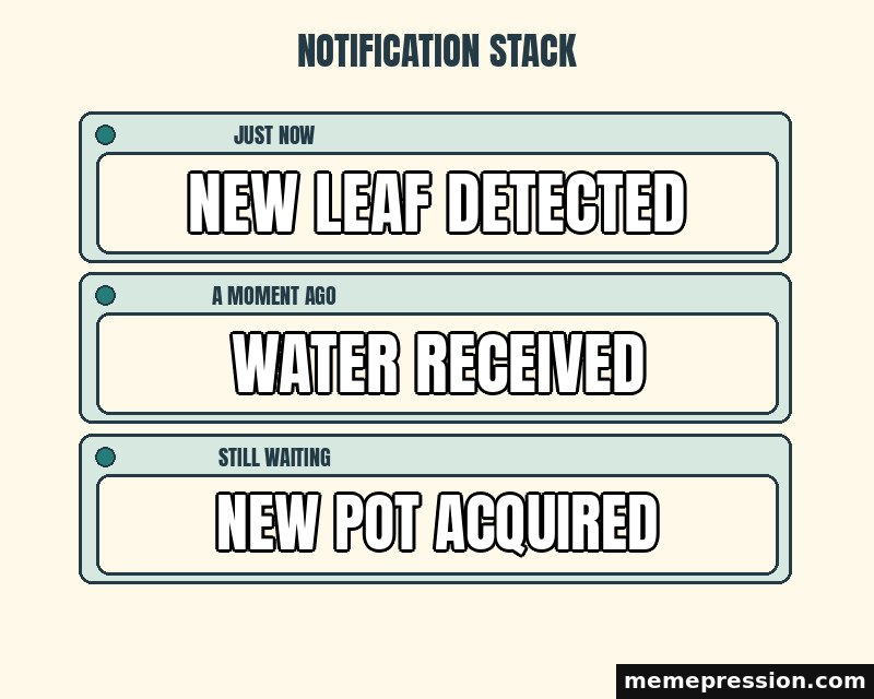 Notification Stack meme: New leaf detected / Water received / New pot acquired