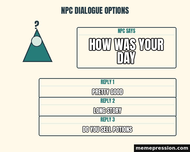 NPC Dialogue Options meme: How was your day / Pretty good / Long story / Do you sell potions