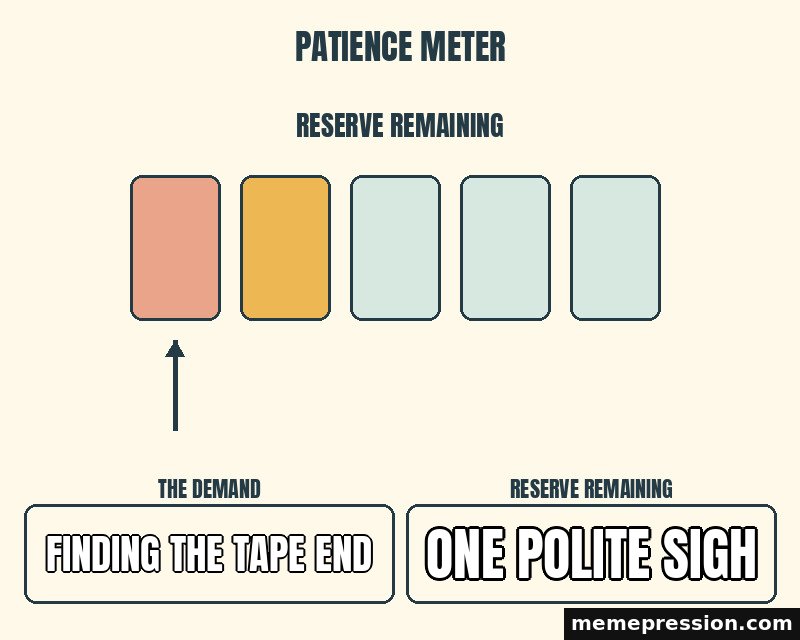 Patience Reserve meme: Finding the tape end / One polite sigh