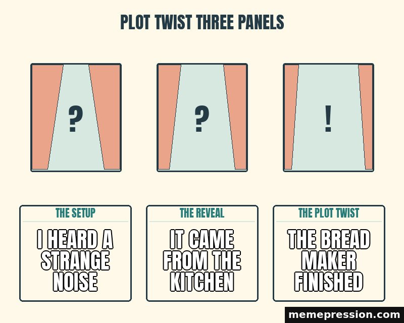 Plot Twist Three Panels meme: I heard a strange noise / It came from the kitchen / The bread maker finished