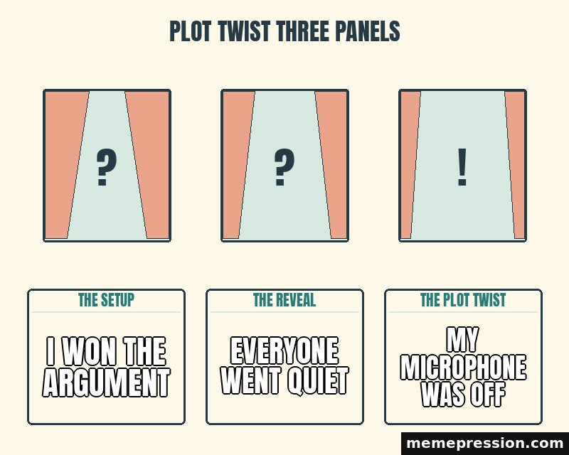 Plot Twist Three Panels meme: I won the argument / Everyone went quiet / My microphone was off