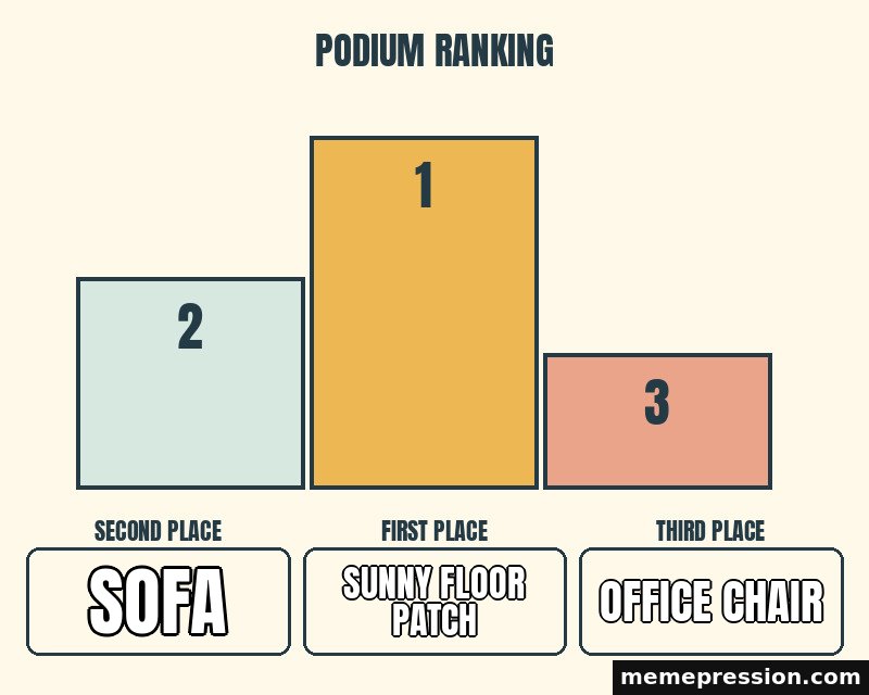 Ranking Podium meme: Sofa / Sunny floor patch / Office chair