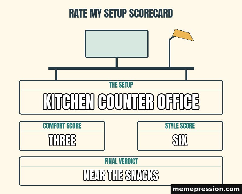 Rate My Setup Scorecard meme: Kitchen counter office / Three / Six / Near the snacks