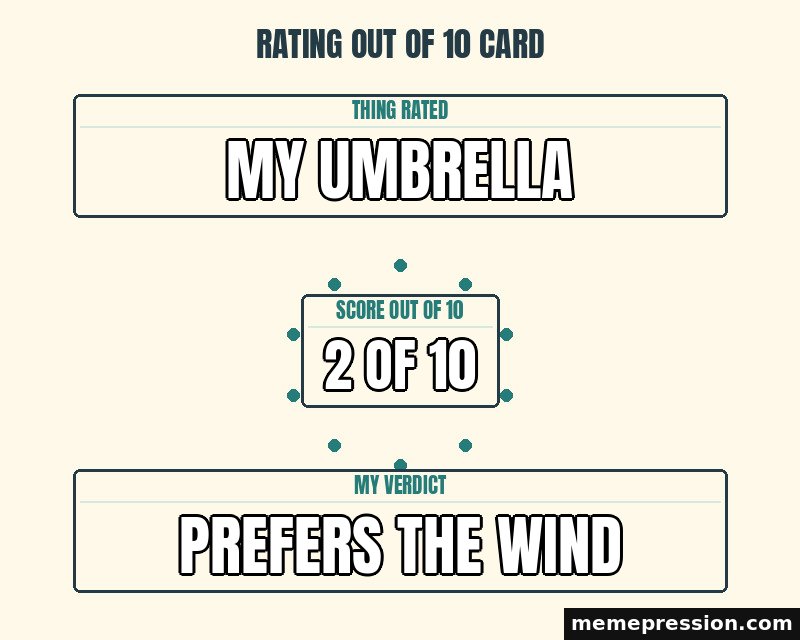 Rating Out of 10 Card meme: My umbrella / 2 of 10 / Prefers the wind