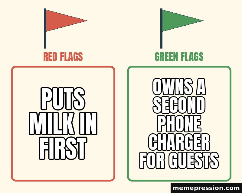 Red Flags / Green Flags meme: Puts milk in first / Owns a second phone charger for guests